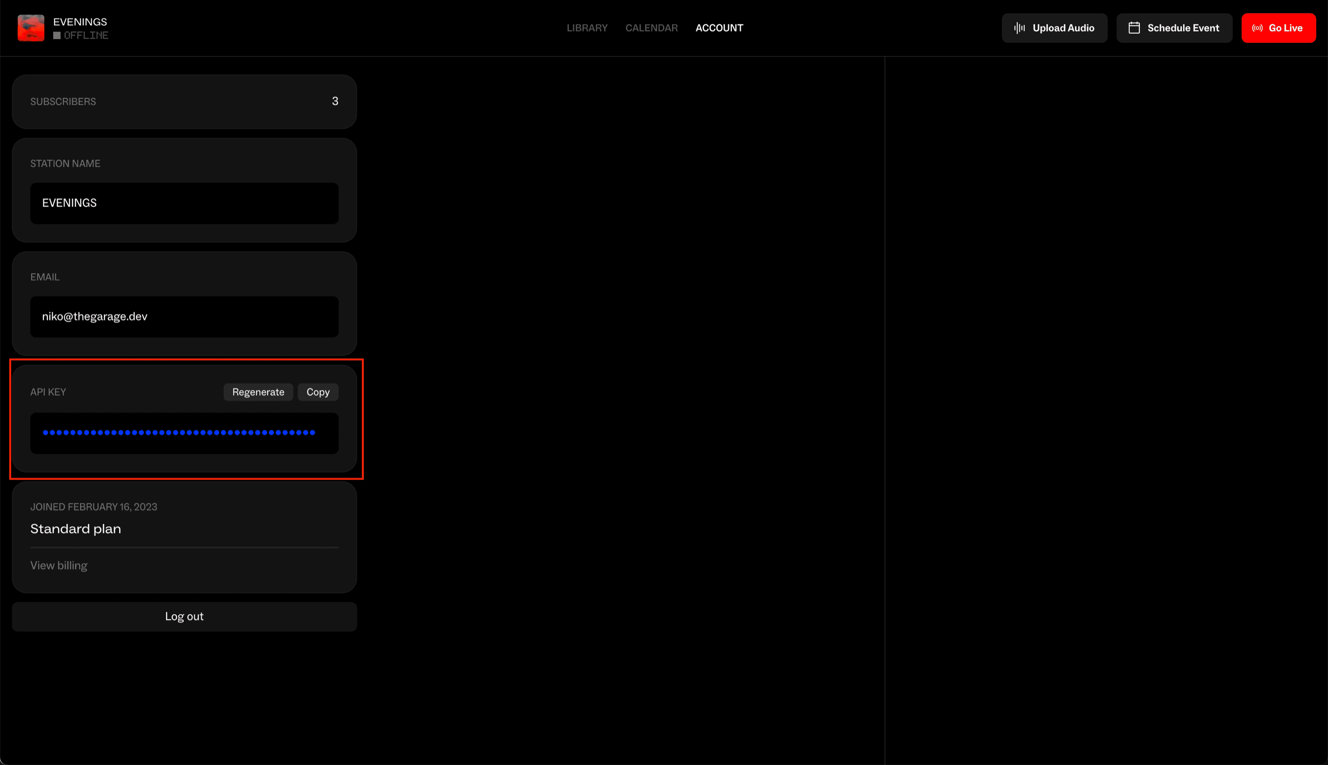 The Evenings Account page with the API Key card highlighted, showing the masked key alongside the Regenerate and Copy buttons