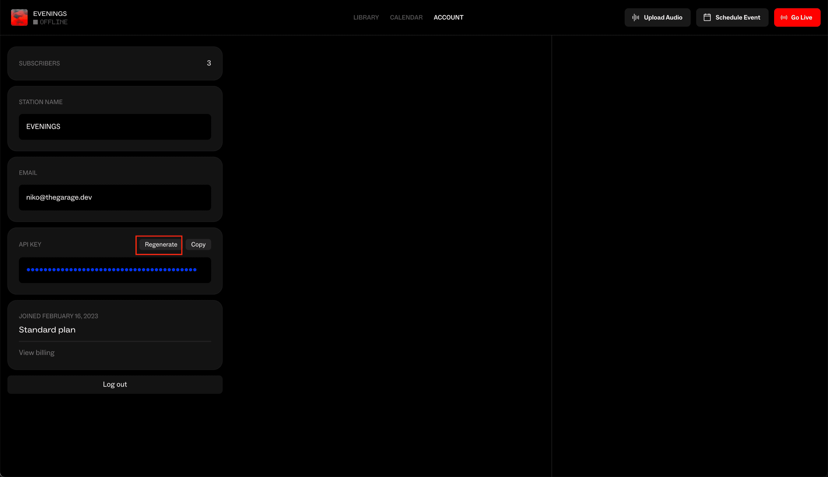 The API Key section of the Account page with the Regenerate button highlighted