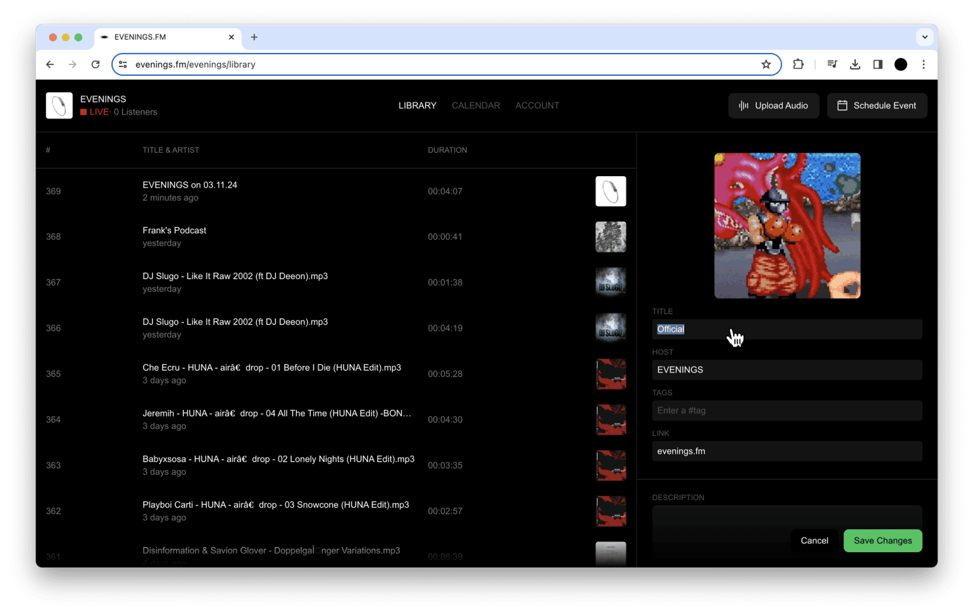 Edit form with the broadcast title field selected and the Save Changes button below