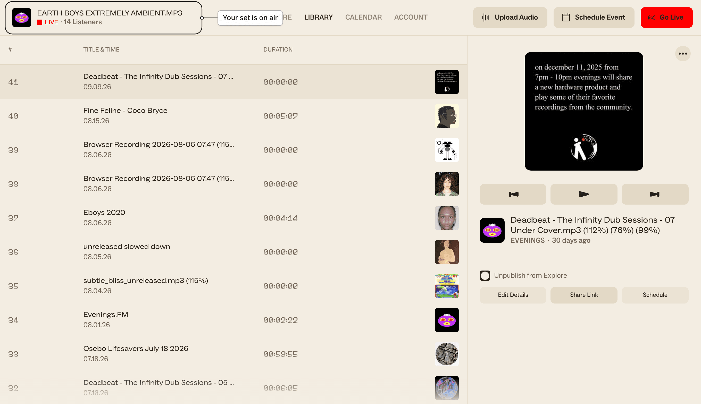 The station name in the dashboard header showing LIVE and a listener count