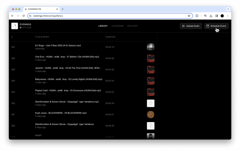 Evenings library dashboard with the cursor on the Schedule Event button