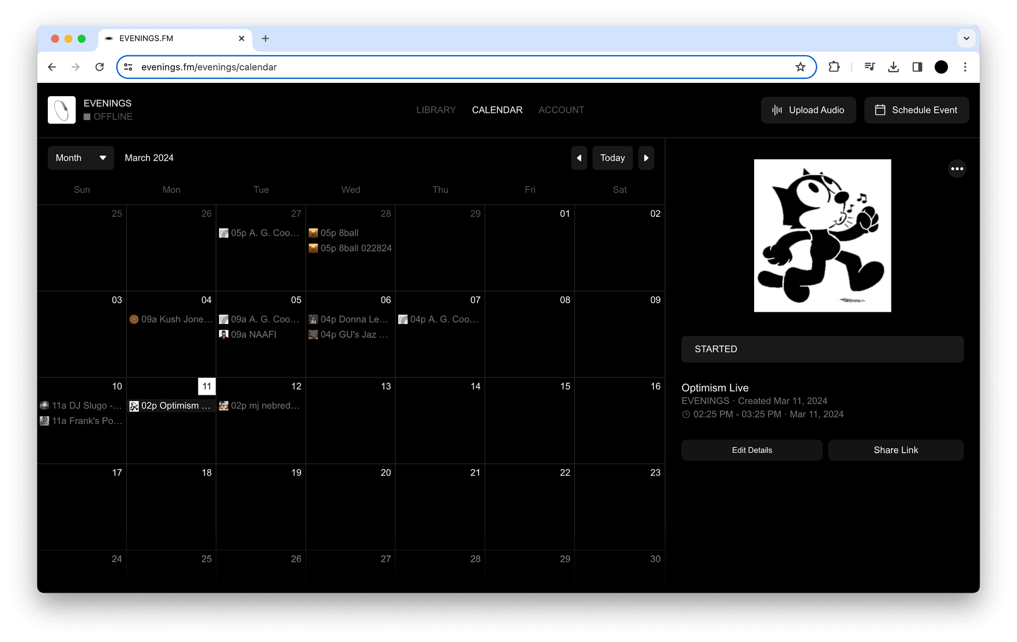 Evenings calendar view showing the scheduled event with its details and Started label