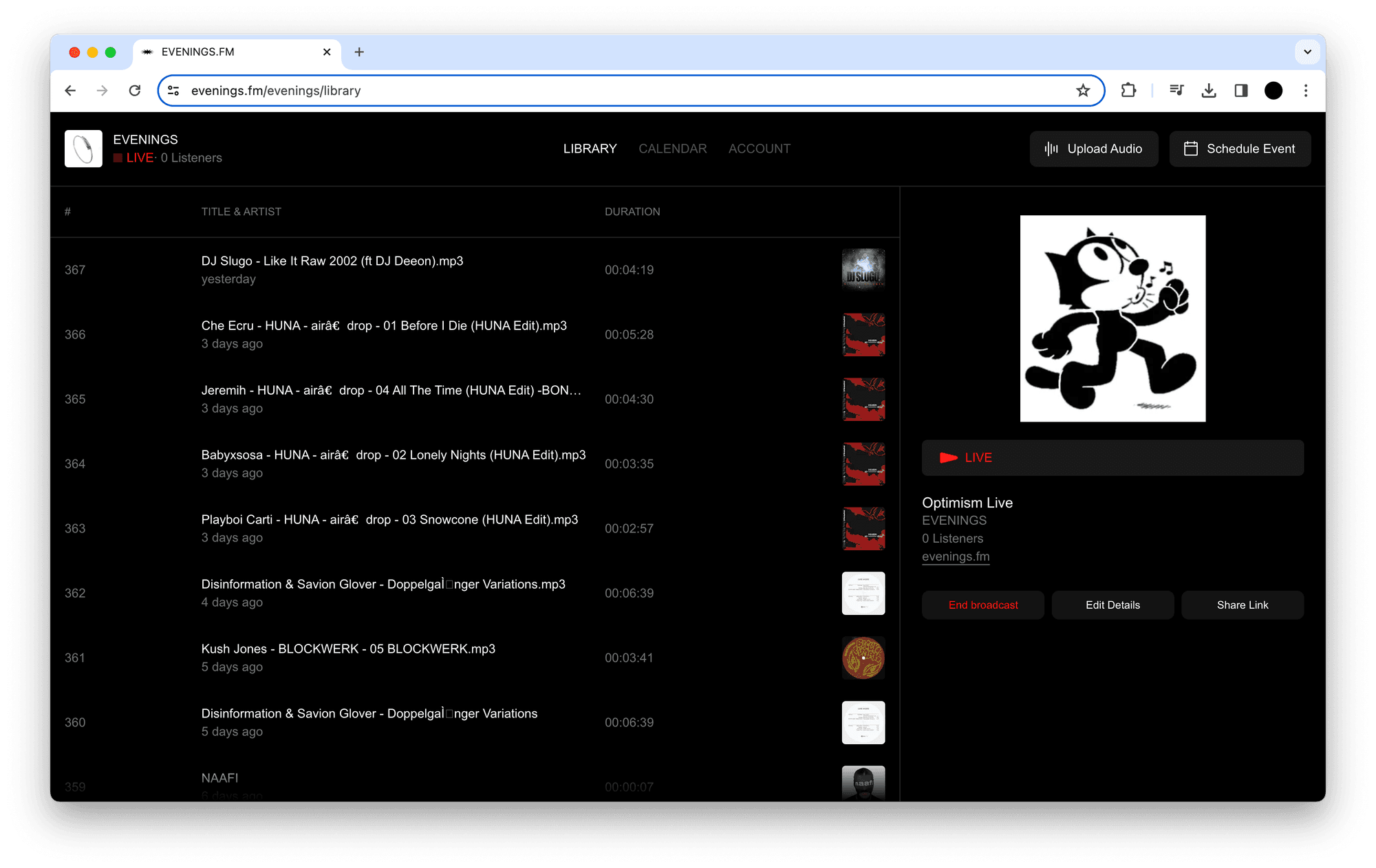 Live broadcast running with the scheduled event title and cover prefilled in the station panel