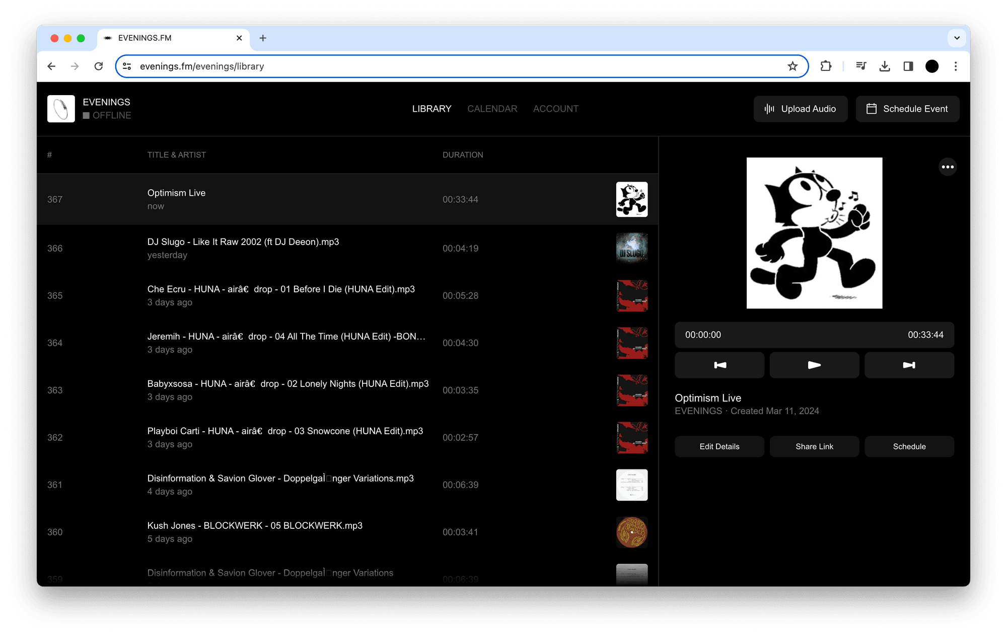 Recording of the ended broadcast saved at the top of the Evenings library with playback controls