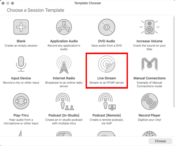Audio Hijack Template Chooser with the Live Stream template highlighted