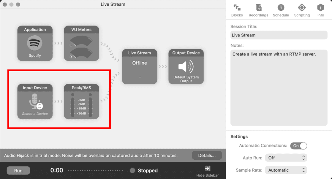 Audio Hijack Live Stream session with Input Device and Peak/RMS blocks highlighted