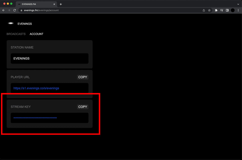 Evenings.fm account page with the Stream Key field and copy button highlighted