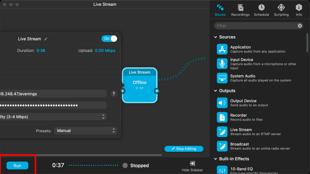 Audio Hijack Live Stream block setup with RTMP server URL and the Run button highlighted