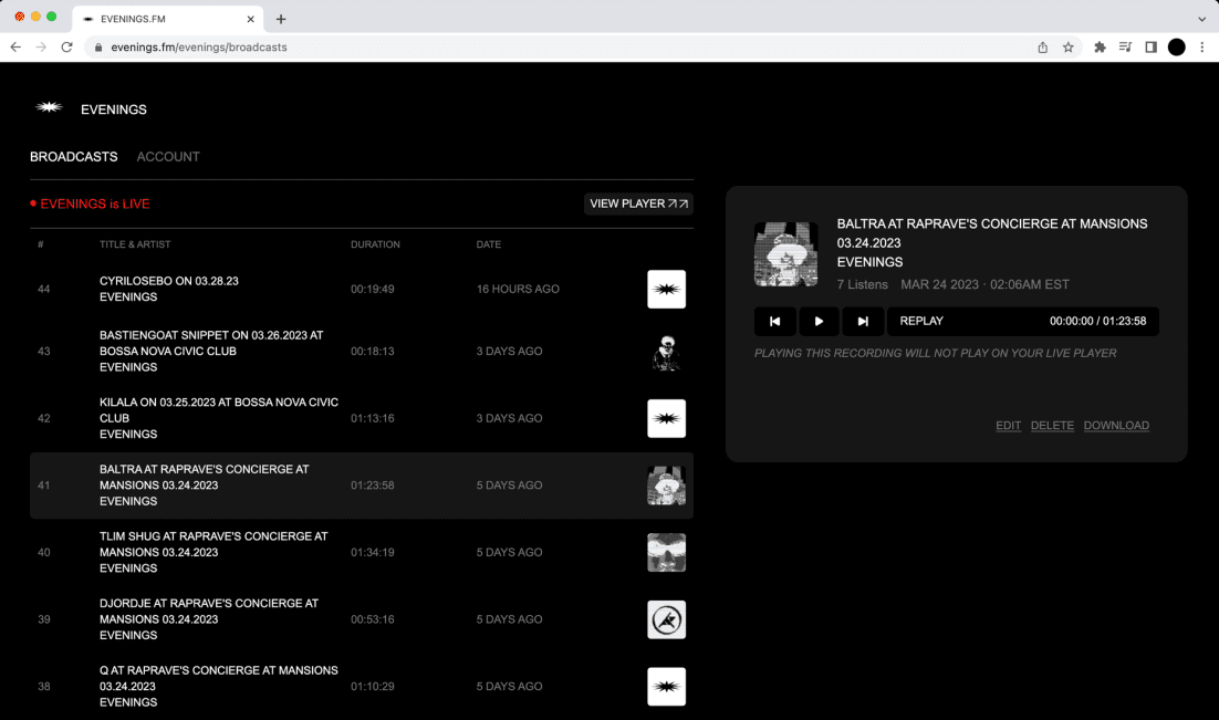 Evenings.fm broadcasts library showing a live stream and the View Player button