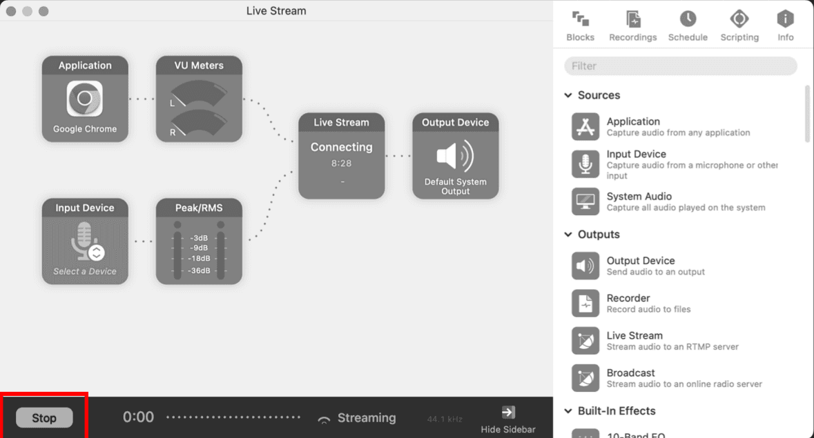 Audio Hijack session streaming live with the Stop button highlighted