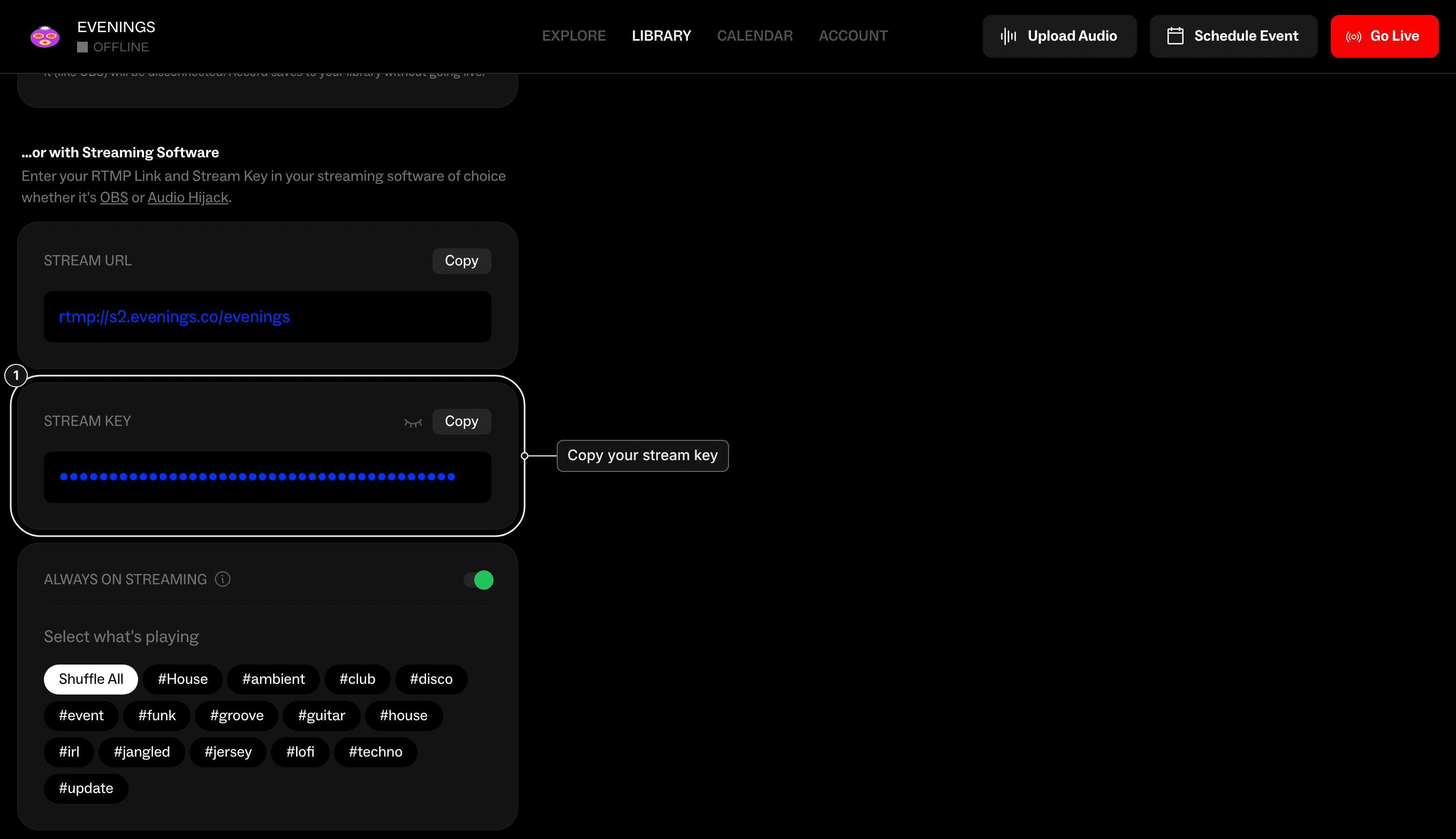 The Go Live page with the Copy button next to your Stream Key