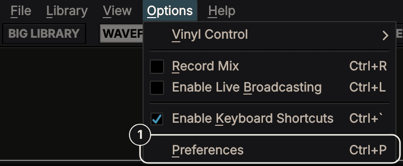Mixxx's Options menu with Preferences highlighted, above Enable Live Broadcasting