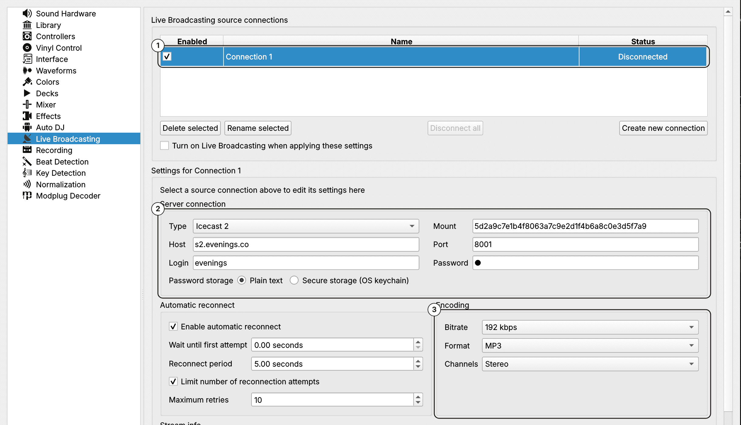 Mixxx Live Broadcasting preferences filled in for Evenings: Icecast 2, host s2.evenings.co, port 8001, the stream key as the mount, login evenings, MP3 at 192 kbps