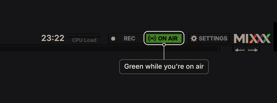 Mixxx's ON AIR button lit green while broadcasting