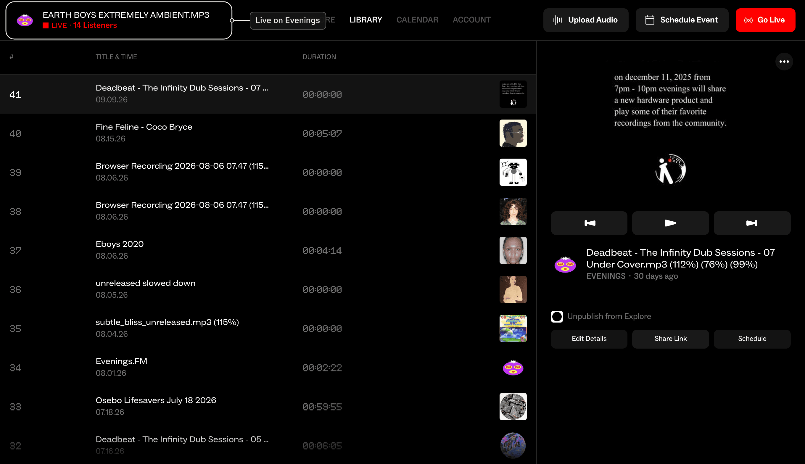 The station name in the dashboard header showing LIVE and a listener count
