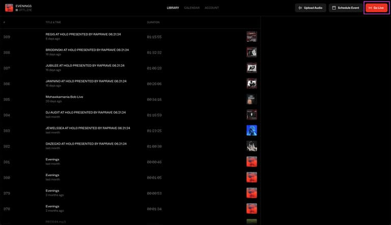 Evenings library dashboard with the Go Live button highlighted in the top right