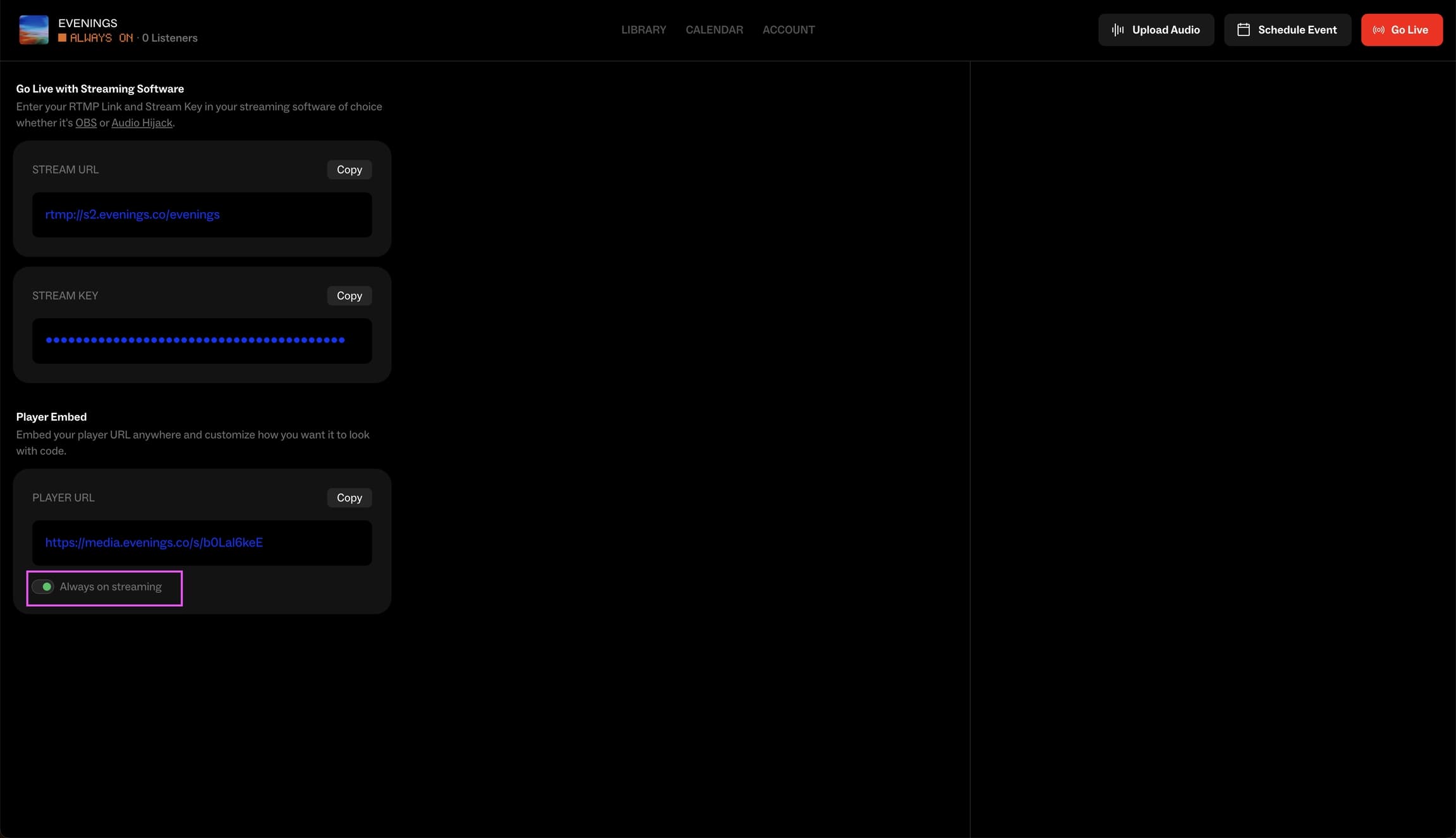 Stream settings page with the Always on streaming toggle enabled below the player URL