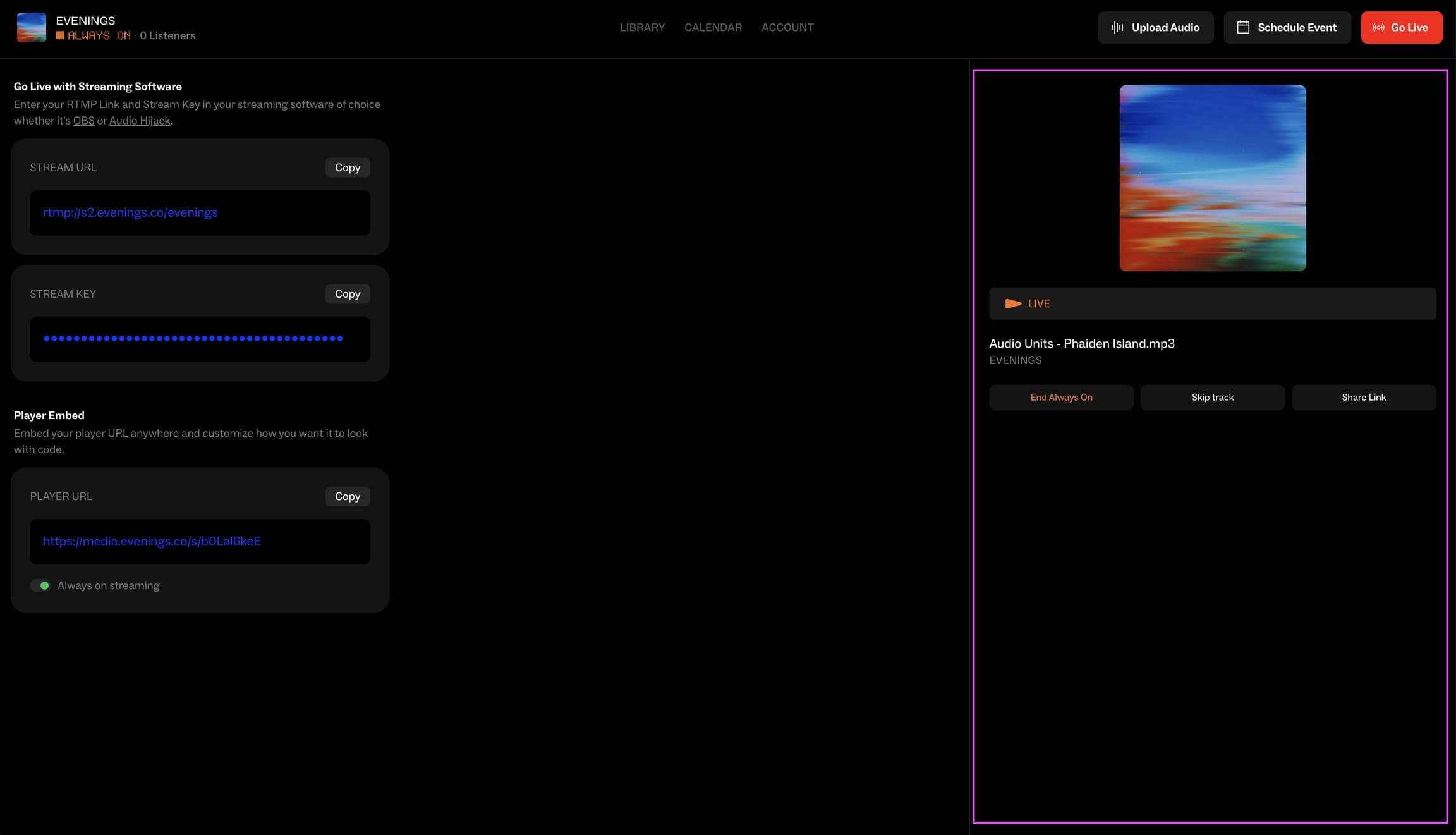 Now playing panel with the current track and End Always On, Skip track and Share Link buttons
