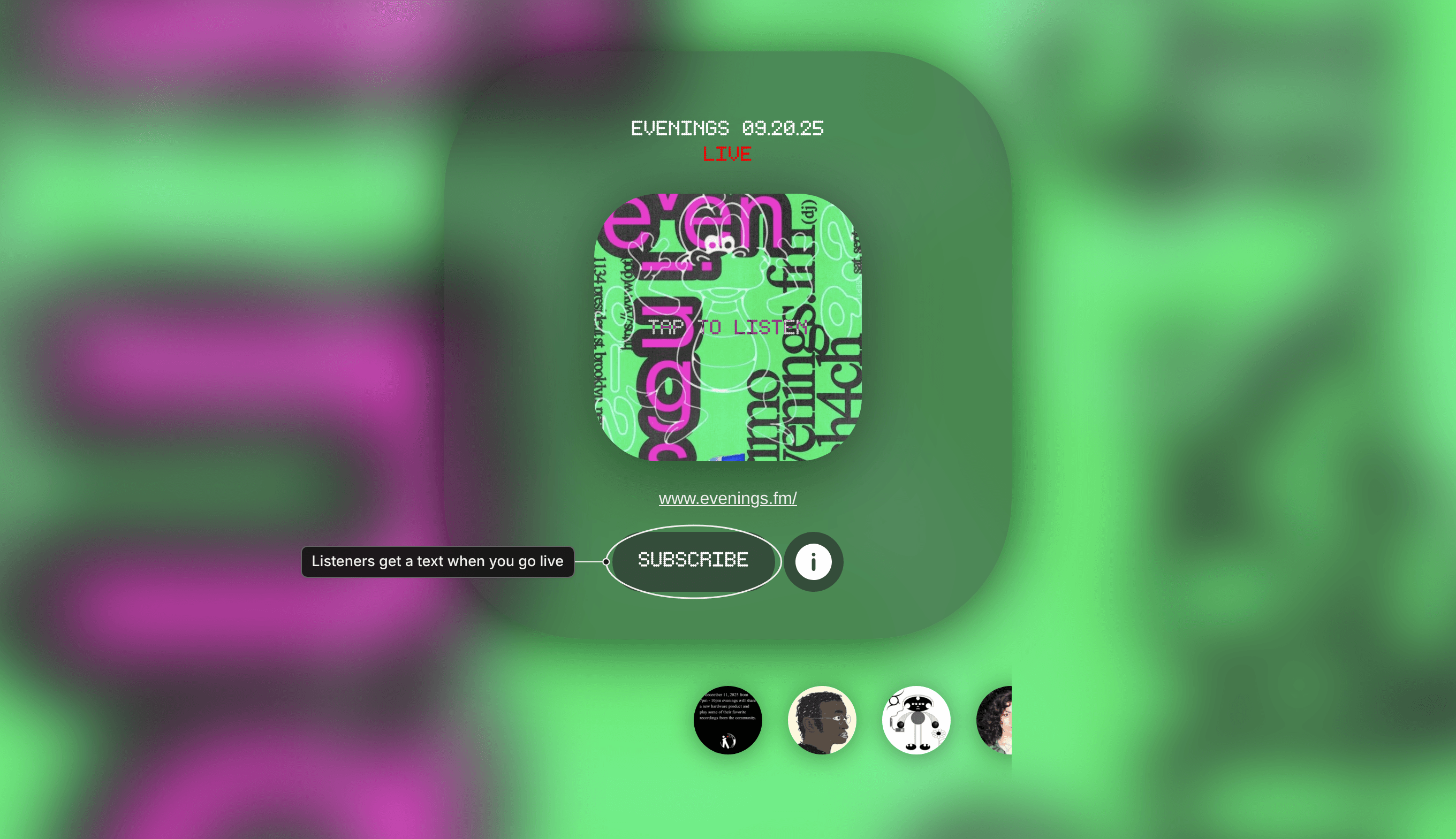 A station's public page with the player, show artwork, subscribe button and upcoming shows