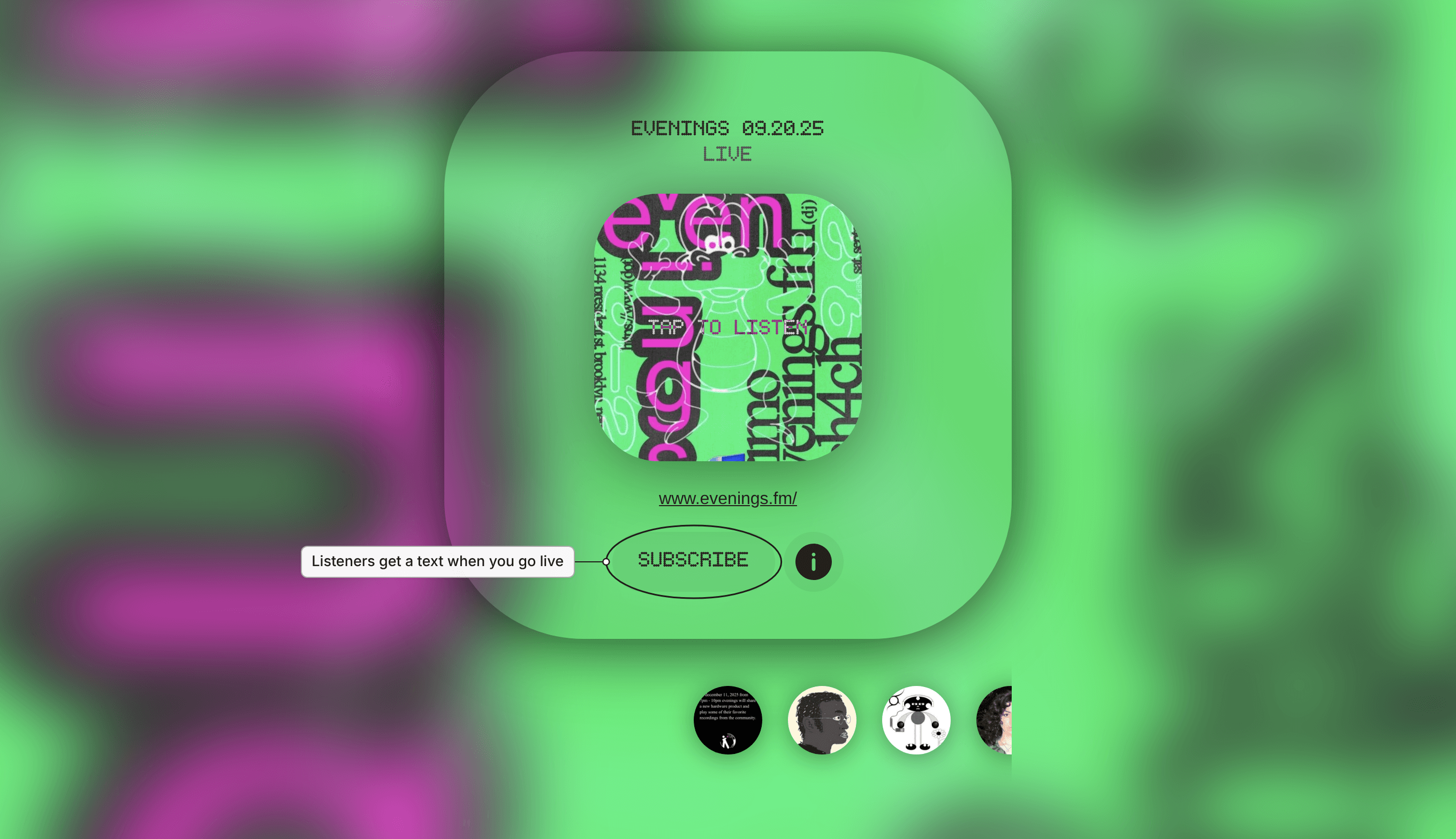 A station's public page with the player, show artwork, subscribe button and upcoming shows