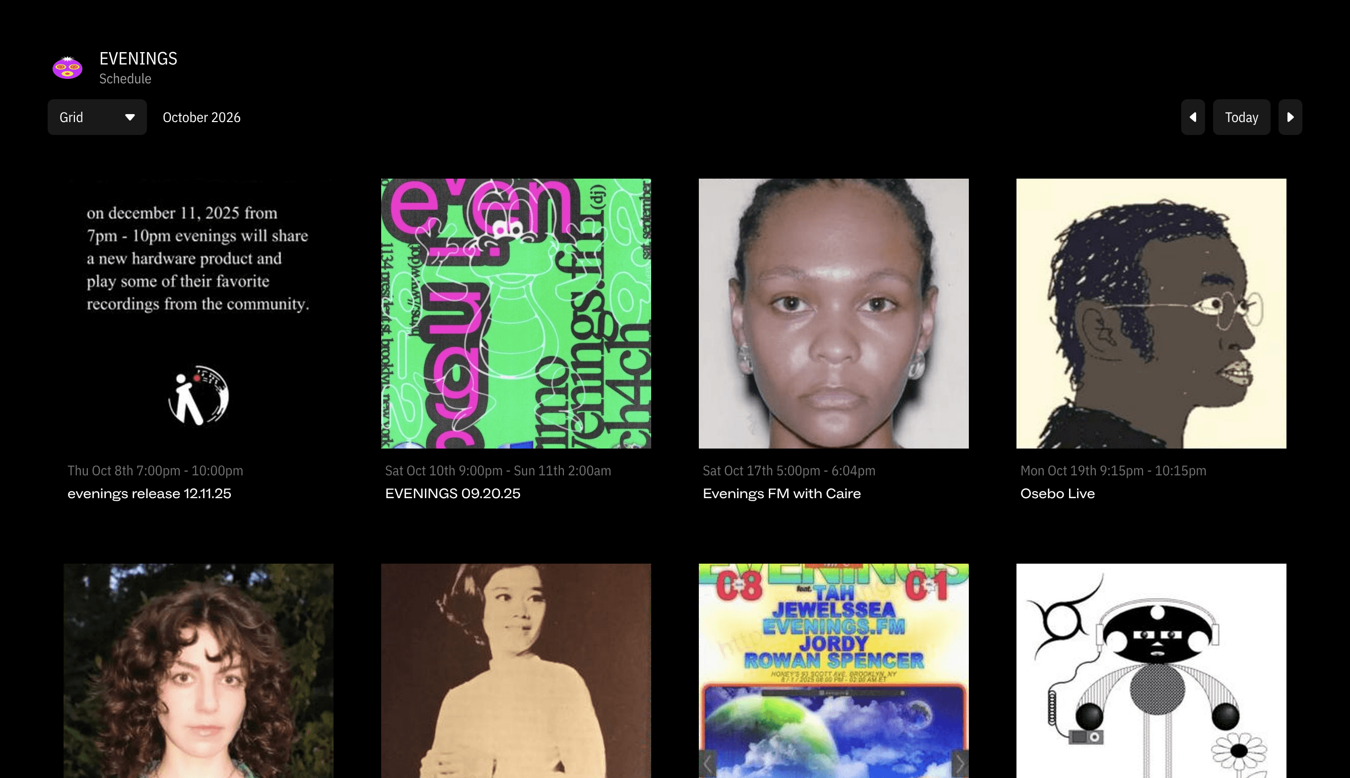 The public schedule page listing a station's upcoming shows
