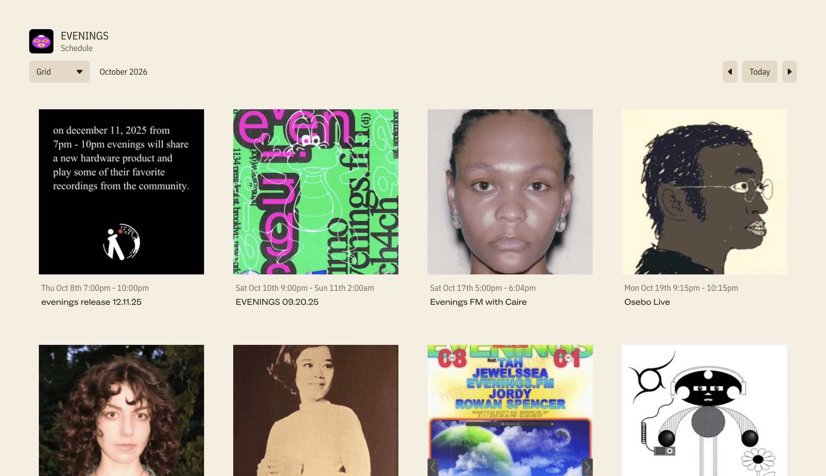 The public schedule page listing a station's upcoming shows