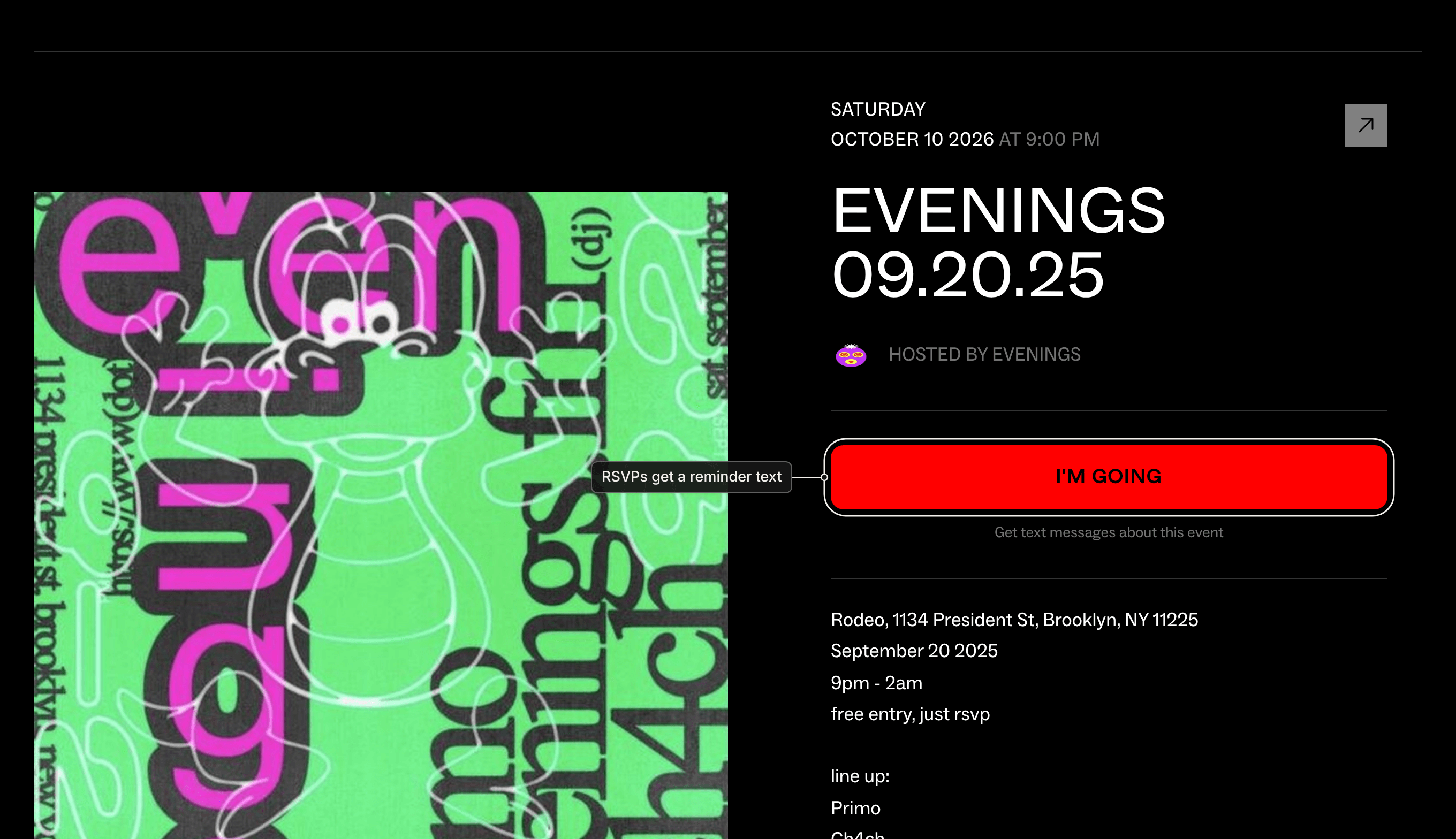A public event page with show art, date, host and the I'm going RSVP button