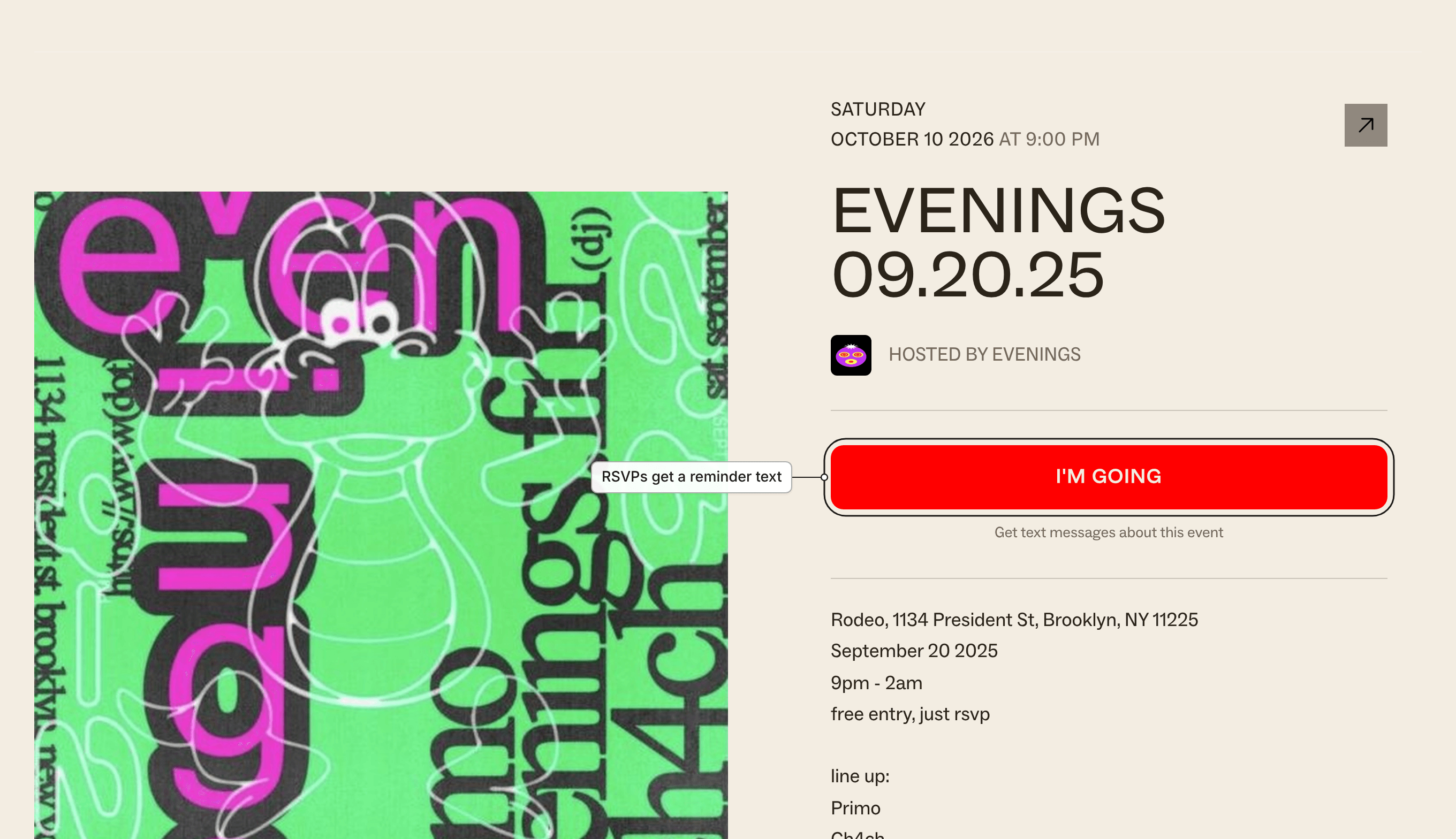 A public event page with show art, date, host and the I'm going RSVP button