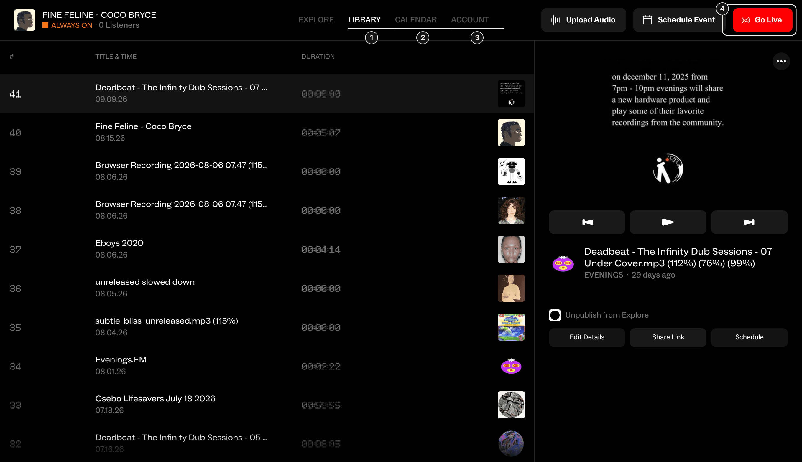 The station dashboard tabs: Explore, Library, Calendar and Account