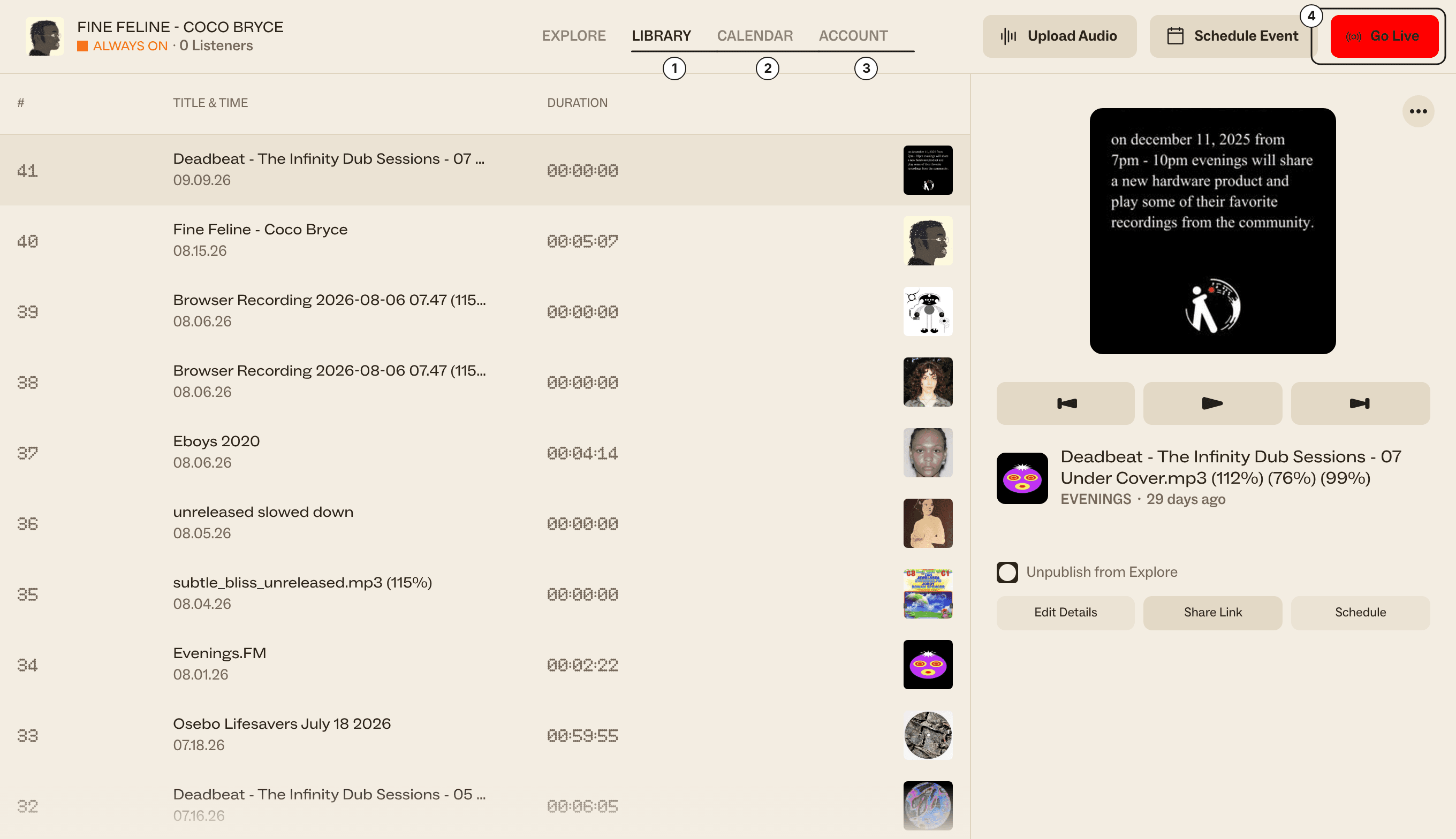 The station dashboard tabs: Explore, Library, Calendar and Account