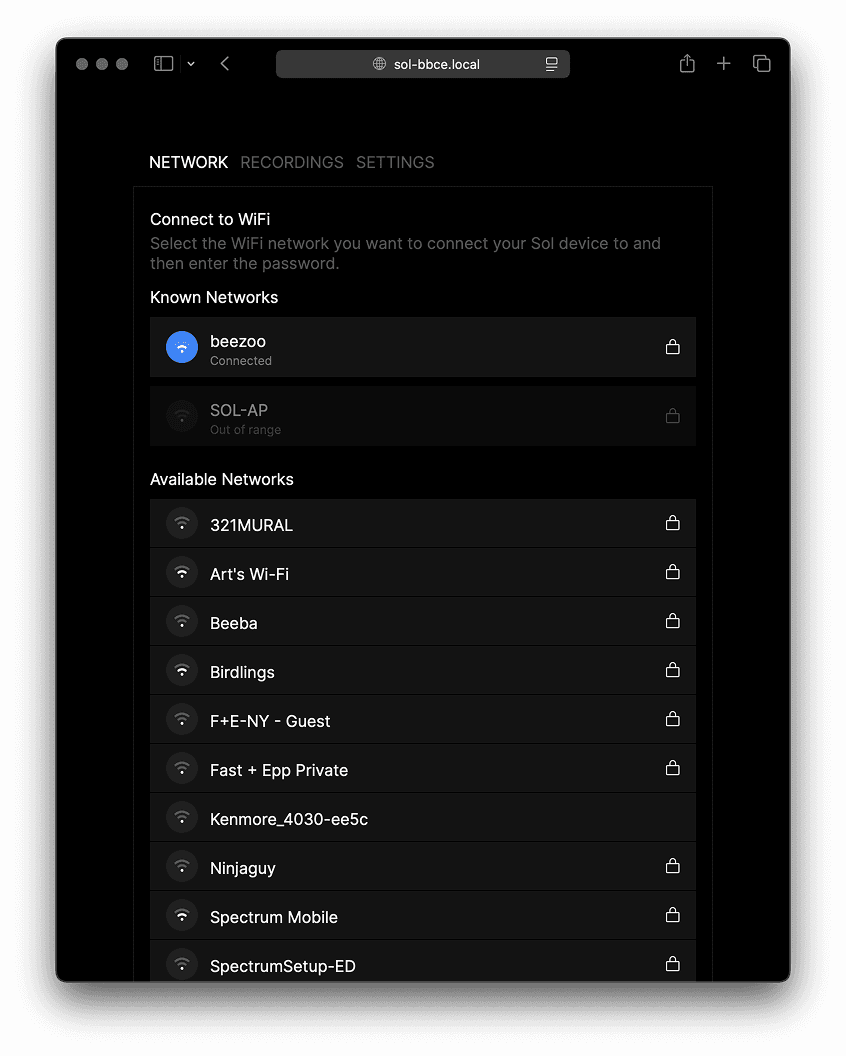 The sol.local Network tab listing known and available WiFi networks