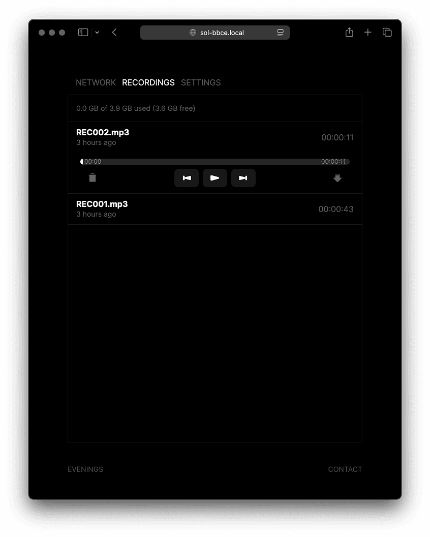 The sol.local Recordings tab showing storage used and a list of recordings with playback and download controls