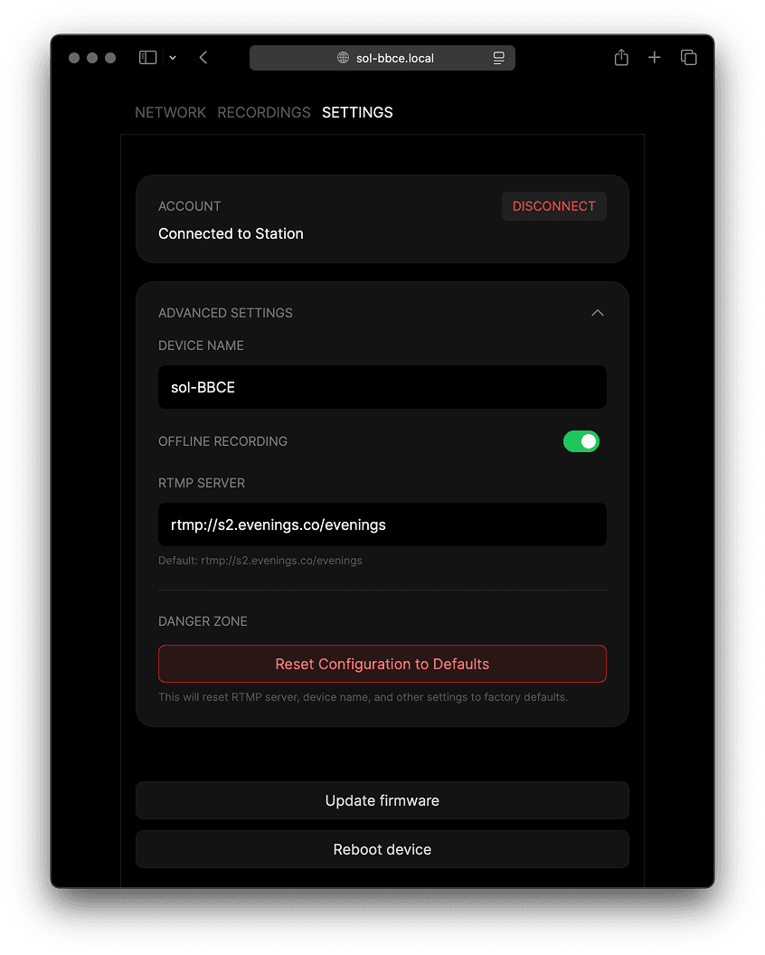 The sol.local Settings tab with account, device name, offline recording, RTMP server, reset, firmware update and reboot controls