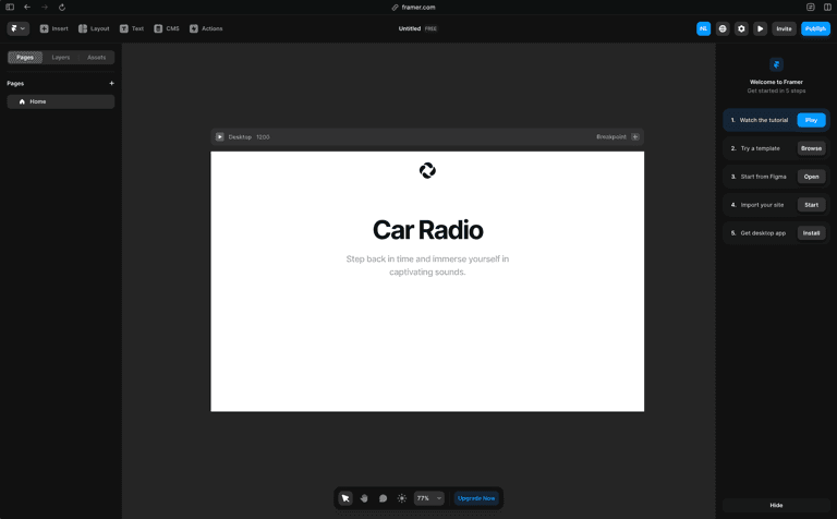 Framer editor with a new project open showing a Car Radio landing page design