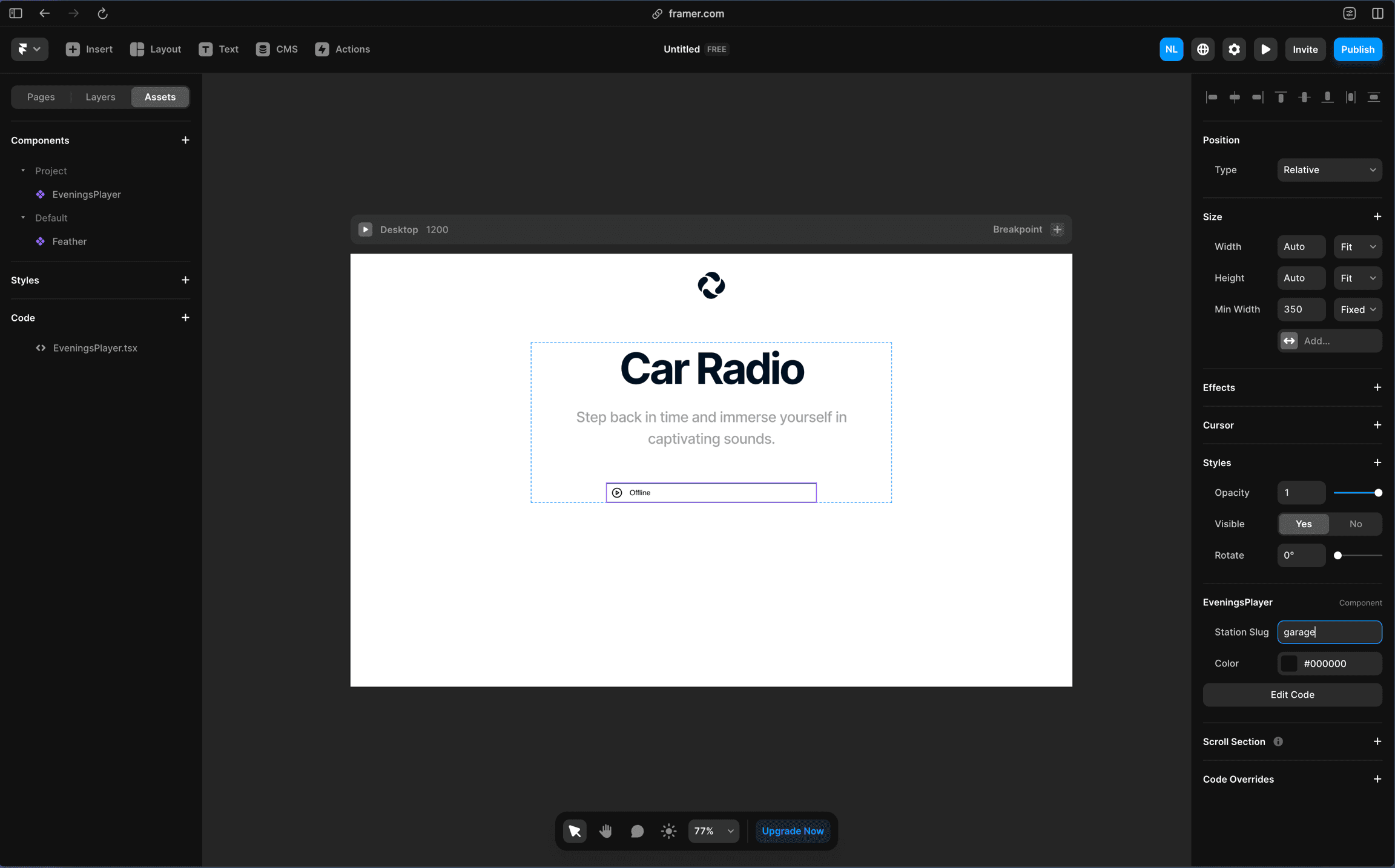 EveningsPlayer component placed on the Framer canvas with its Station Slug property set