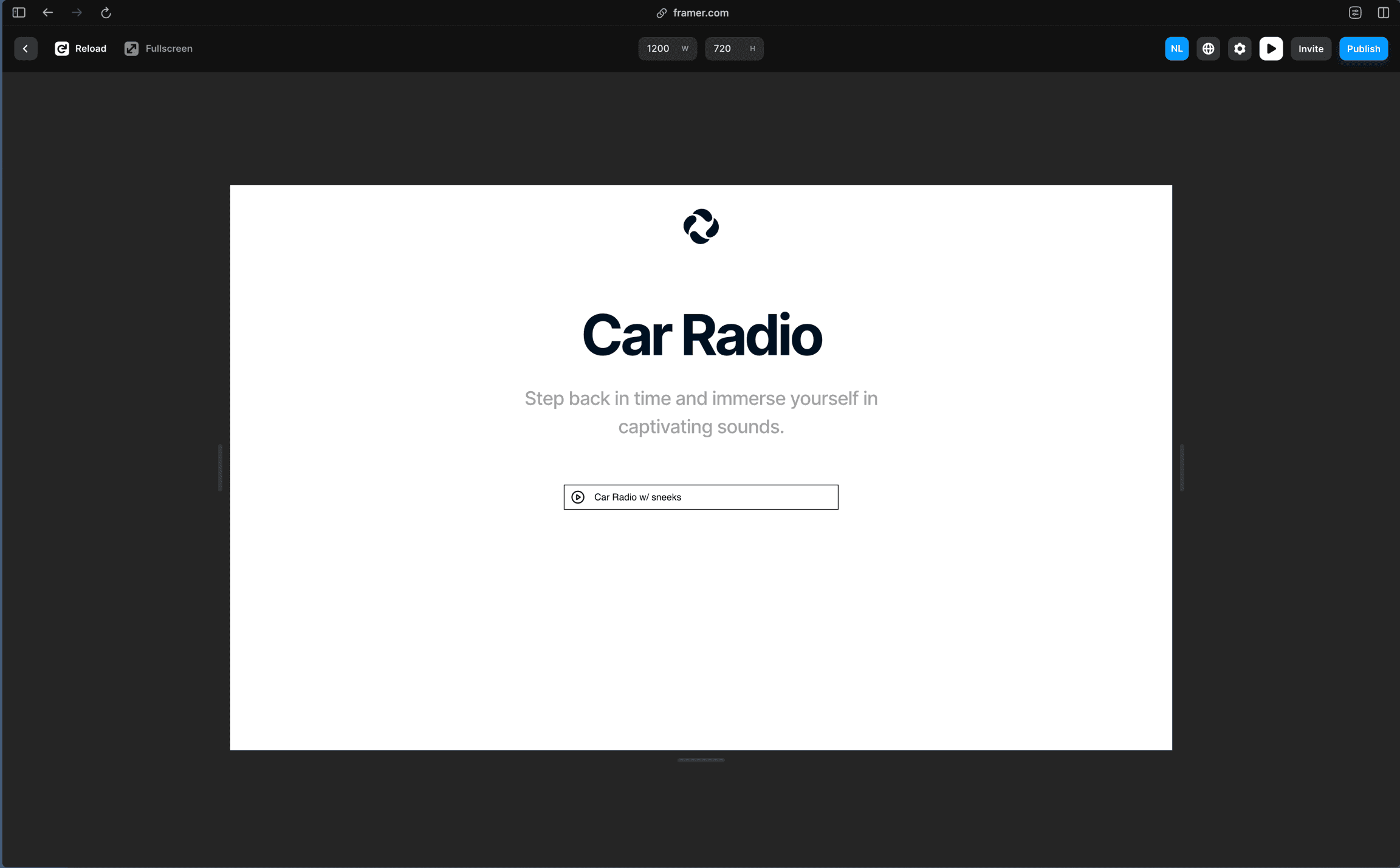 Framer preview mode with the audio player showing the live station name