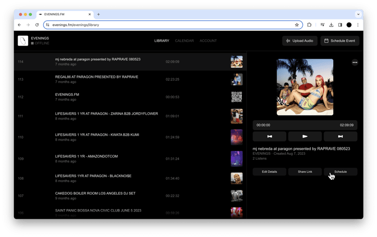 Evenings.fm library with an uploaded recording selected and the Schedule button