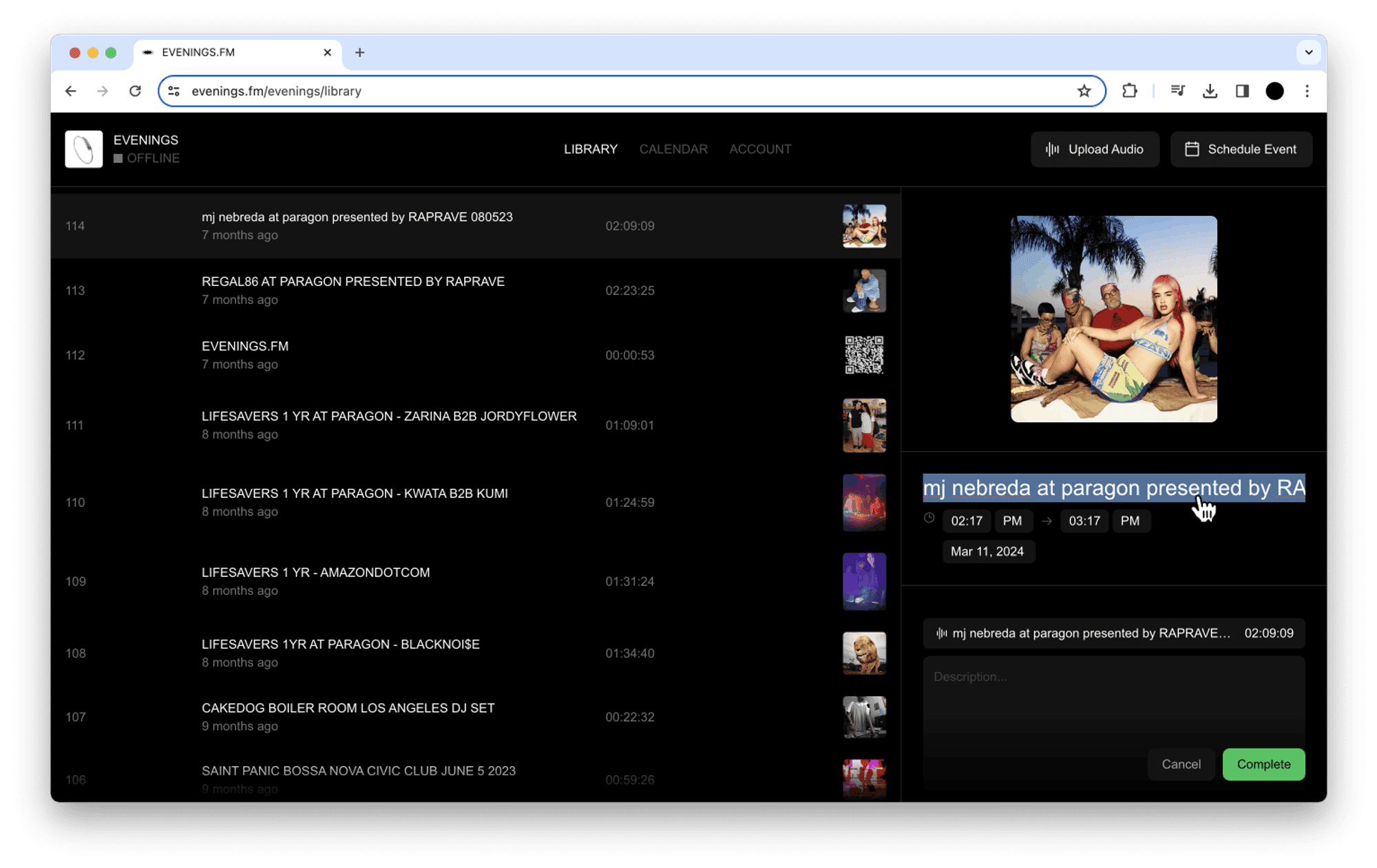 Scheduling form with broadcast title, start and end times, and Complete button