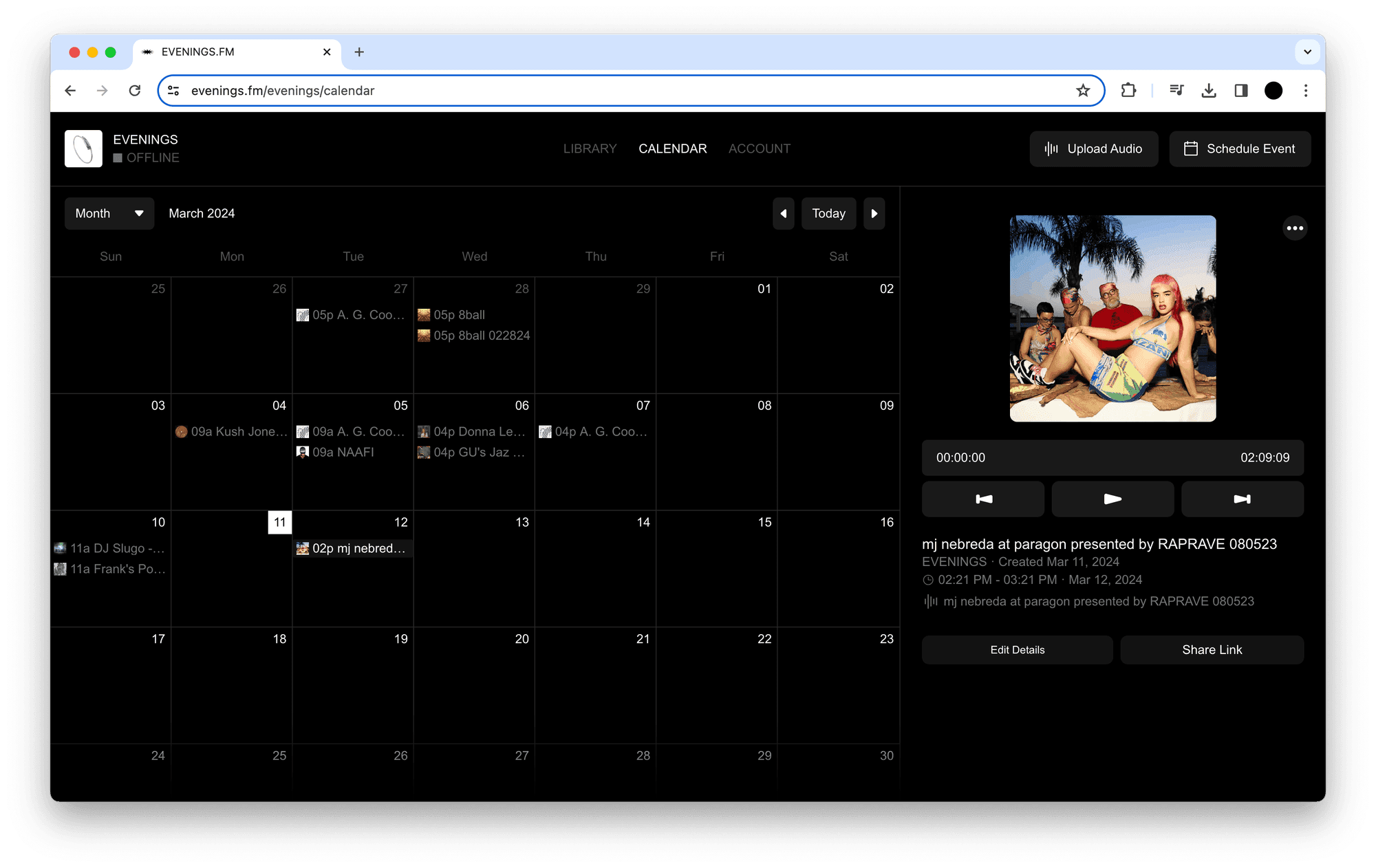 Evenings.fm calendar view showing the scheduled broadcast on its date