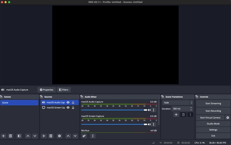OBS desktop app main window with scenes, sources, and audio mixer panels