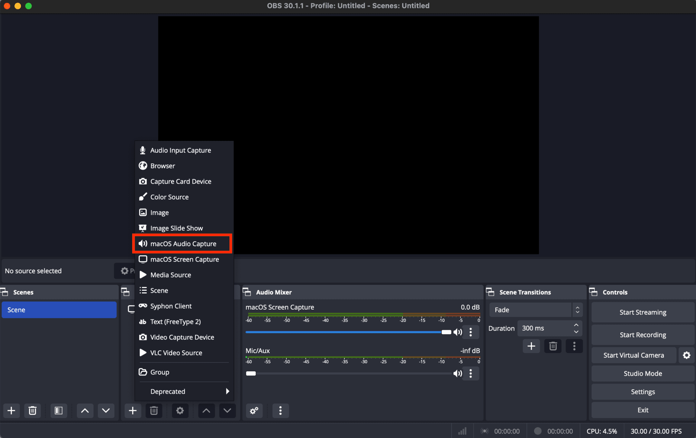 OBS sources menu with the macOS Audio Capture option highlighted