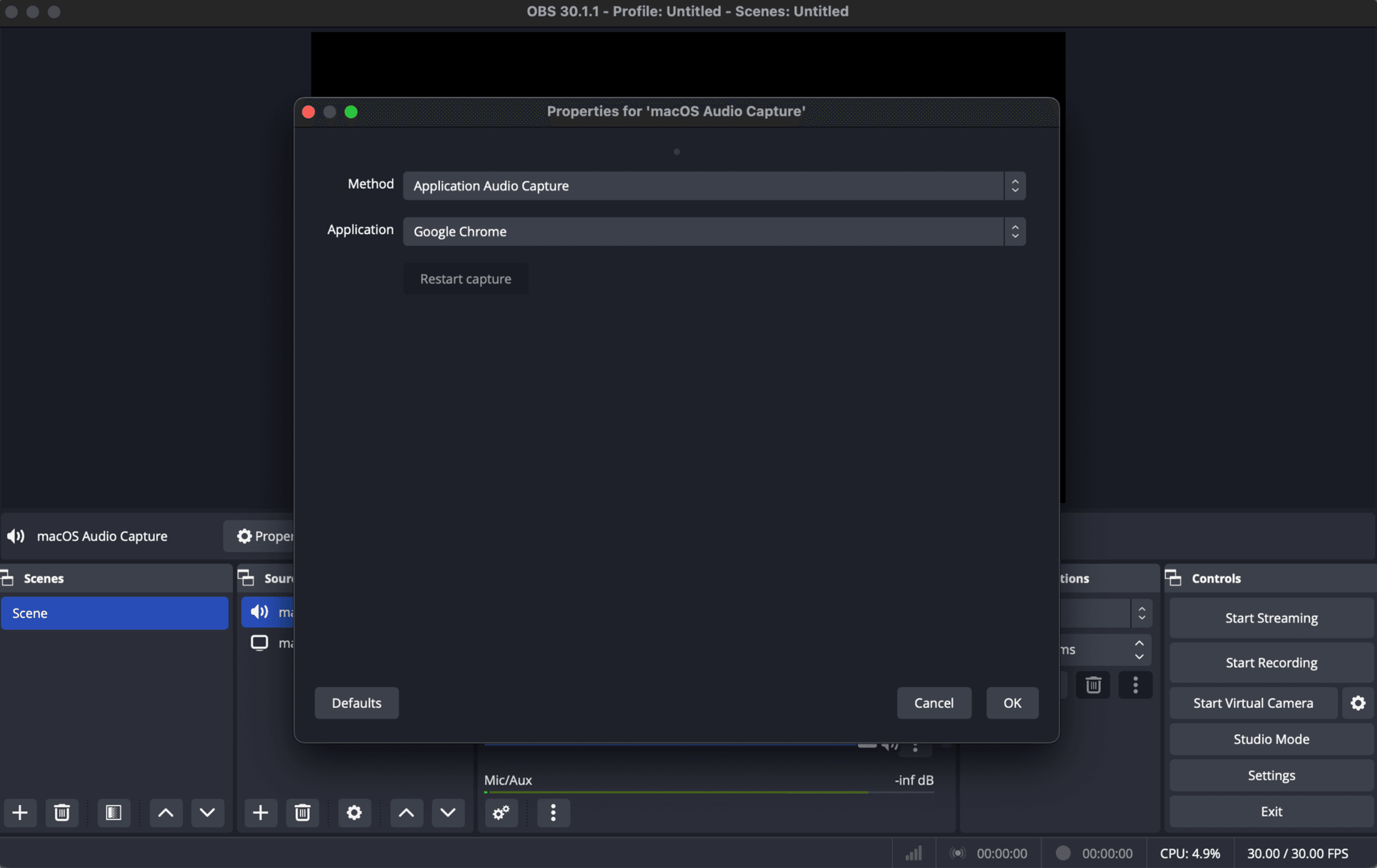 OBS properties dialog set to Application Audio Capture with Google Chrome selected