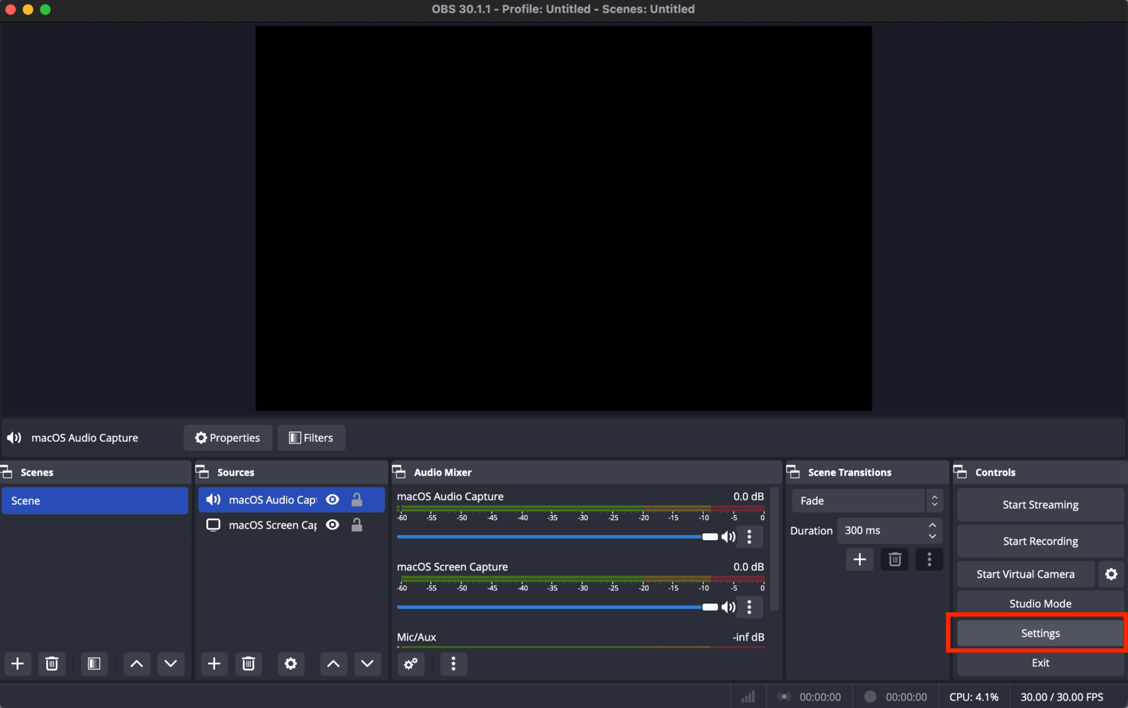 OBS Controls panel with the Settings button highlighted in red