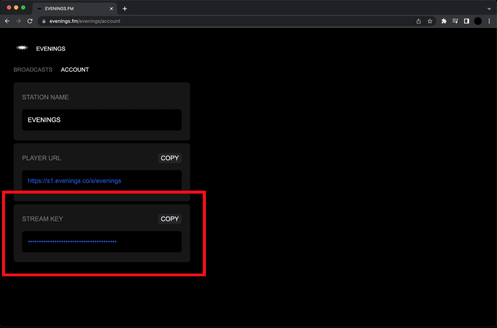 Evenings.fm account page with the Stream Key field and copy button highlighted