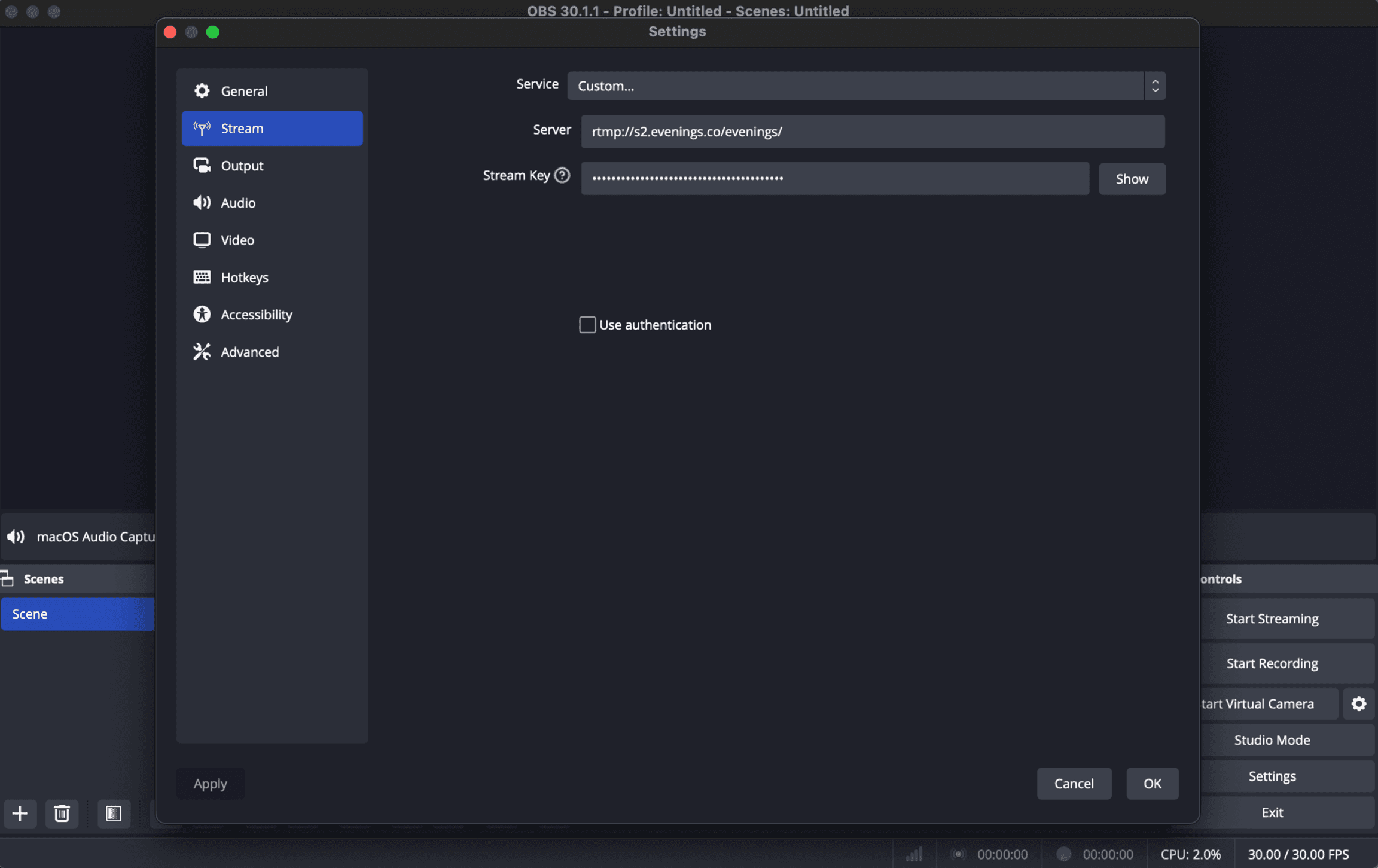 OBS stream settings with Custom service and the Evenings RTMP server URL