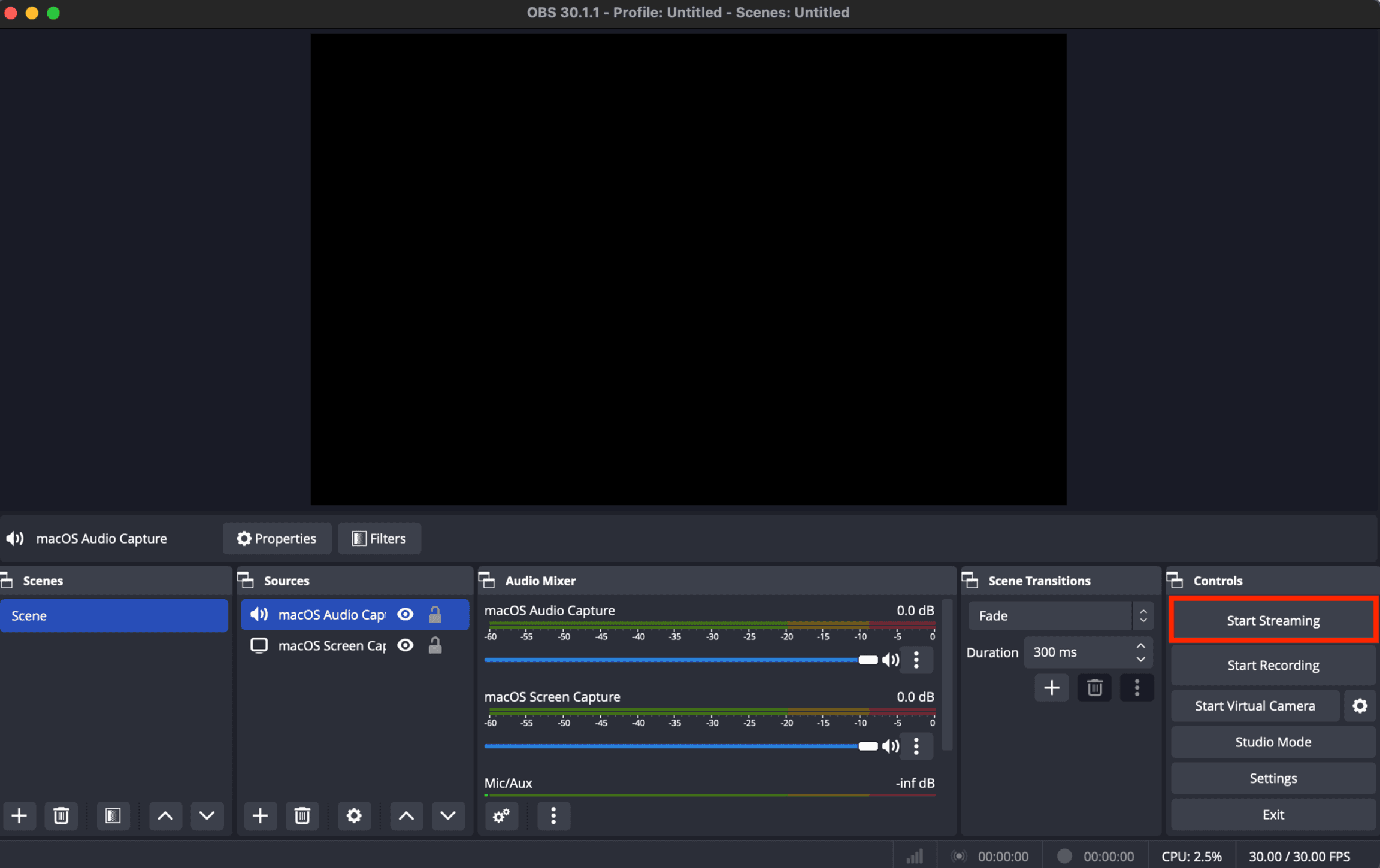 OBS Controls panel with the Start Streaming button highlighted