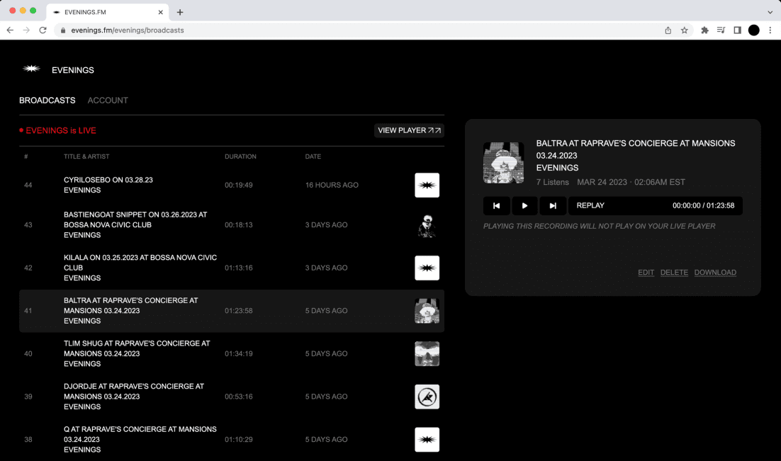 Evenings.fm broadcasts library showing a live stream and the View Player button