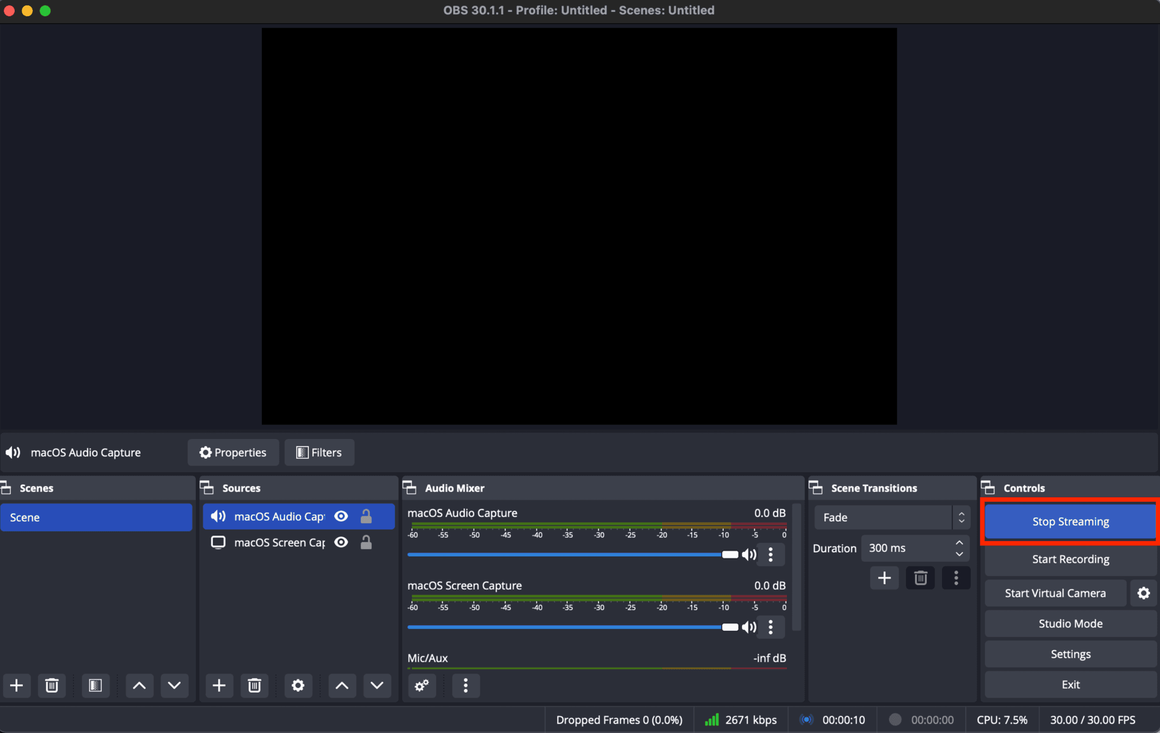 OBS Controls panel with the Stop Streaming button highlighted while live