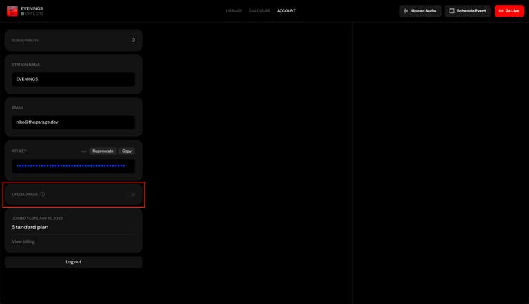 Evenings Account page with the Upload Page toggle highlighted