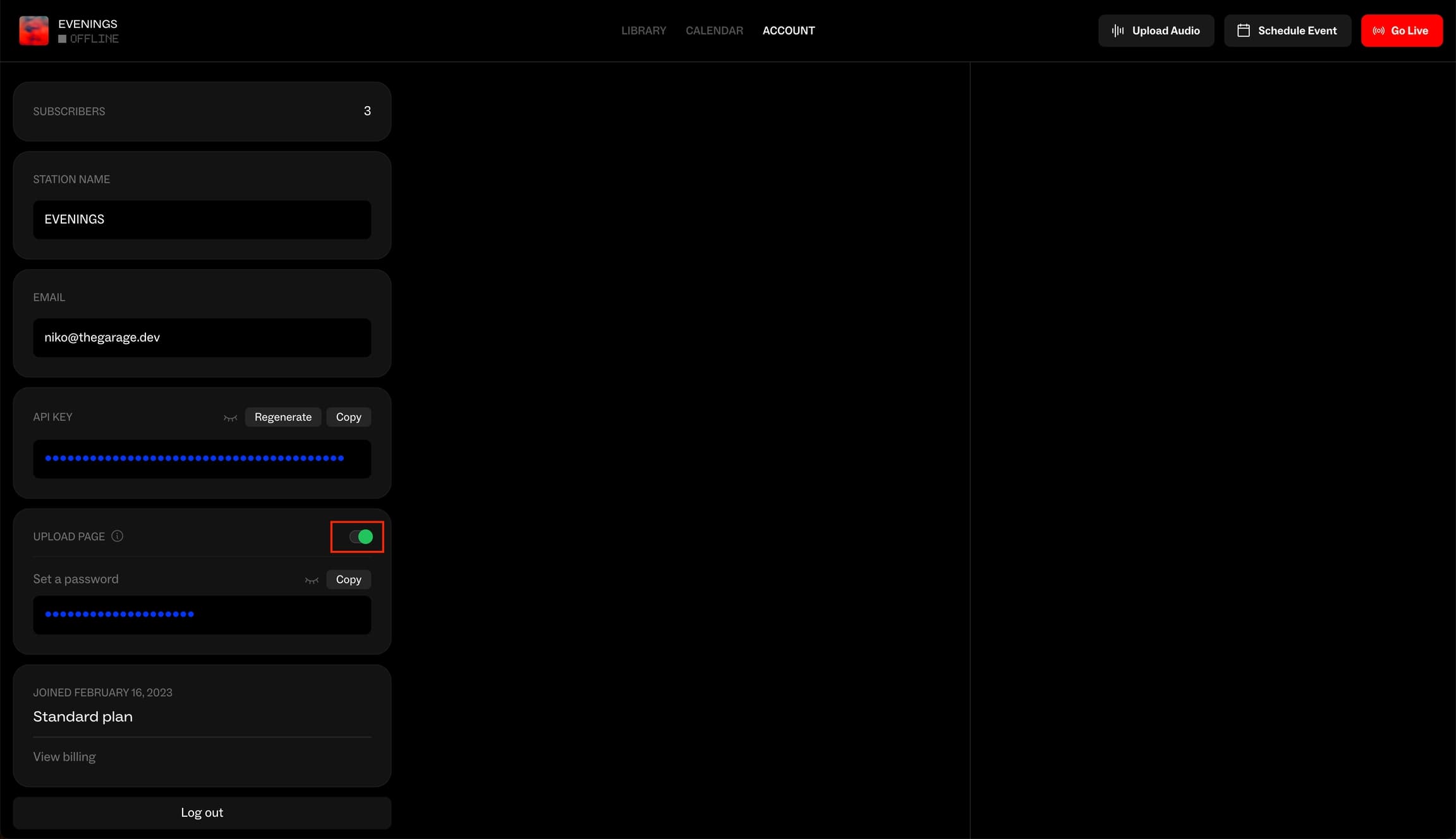 Upload Page toggle switched on, revealing the password input on the Account page